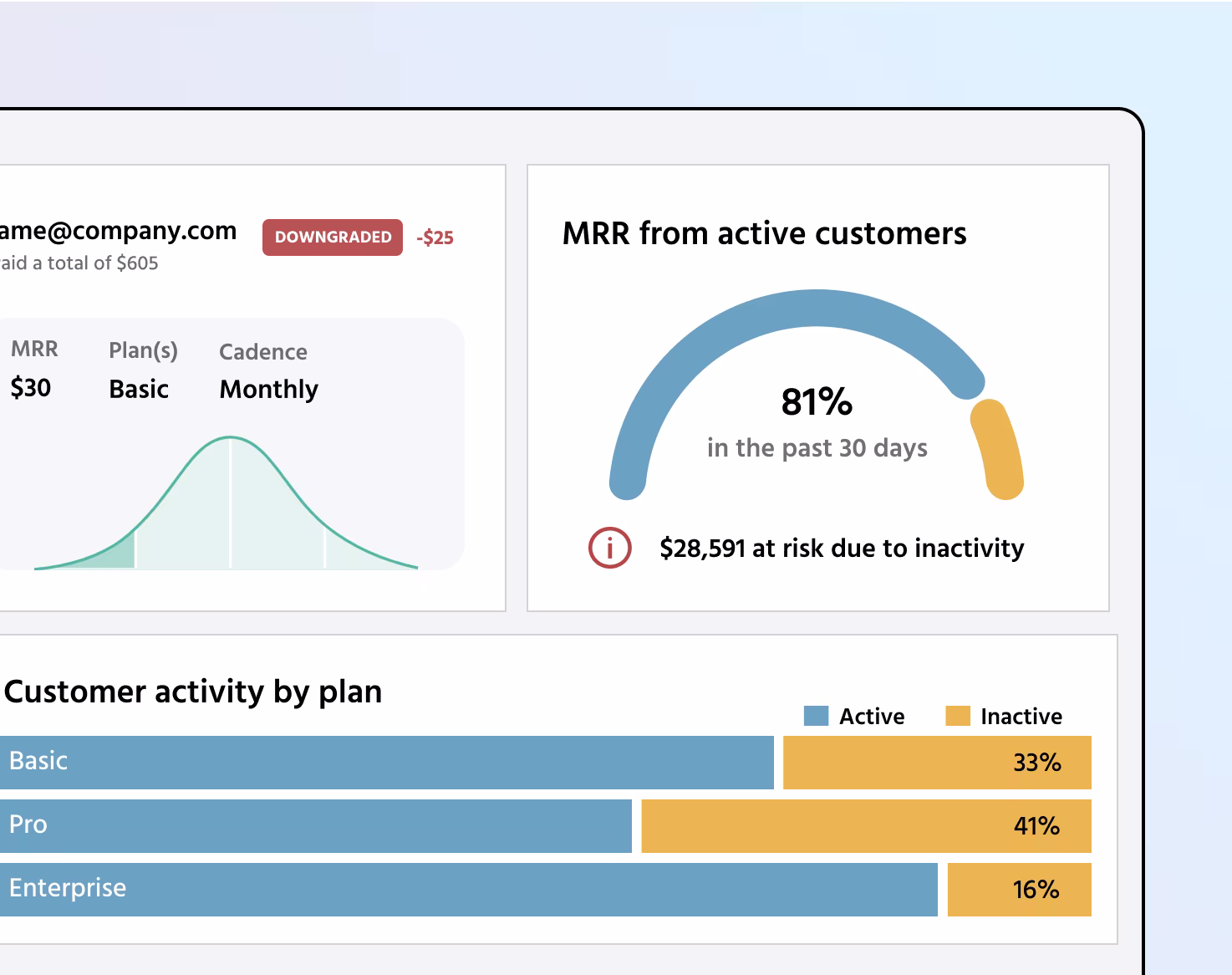 An overview of customer and engagement metrics. One box shows a customer's email, total amount paid, MRR contribution, plan type, payment cadence, and a recent downgrade of $25. Another section displays MRR from active customers at 81% in the past 30 days, with $28,591 at risk due to inactivity. A bar chart shows customer activity by plan, breaking down active and inactive customers for Basic, Pro, and Enterprise plans, with inactivity rates of 33%, 41%, and 16%, respectively.